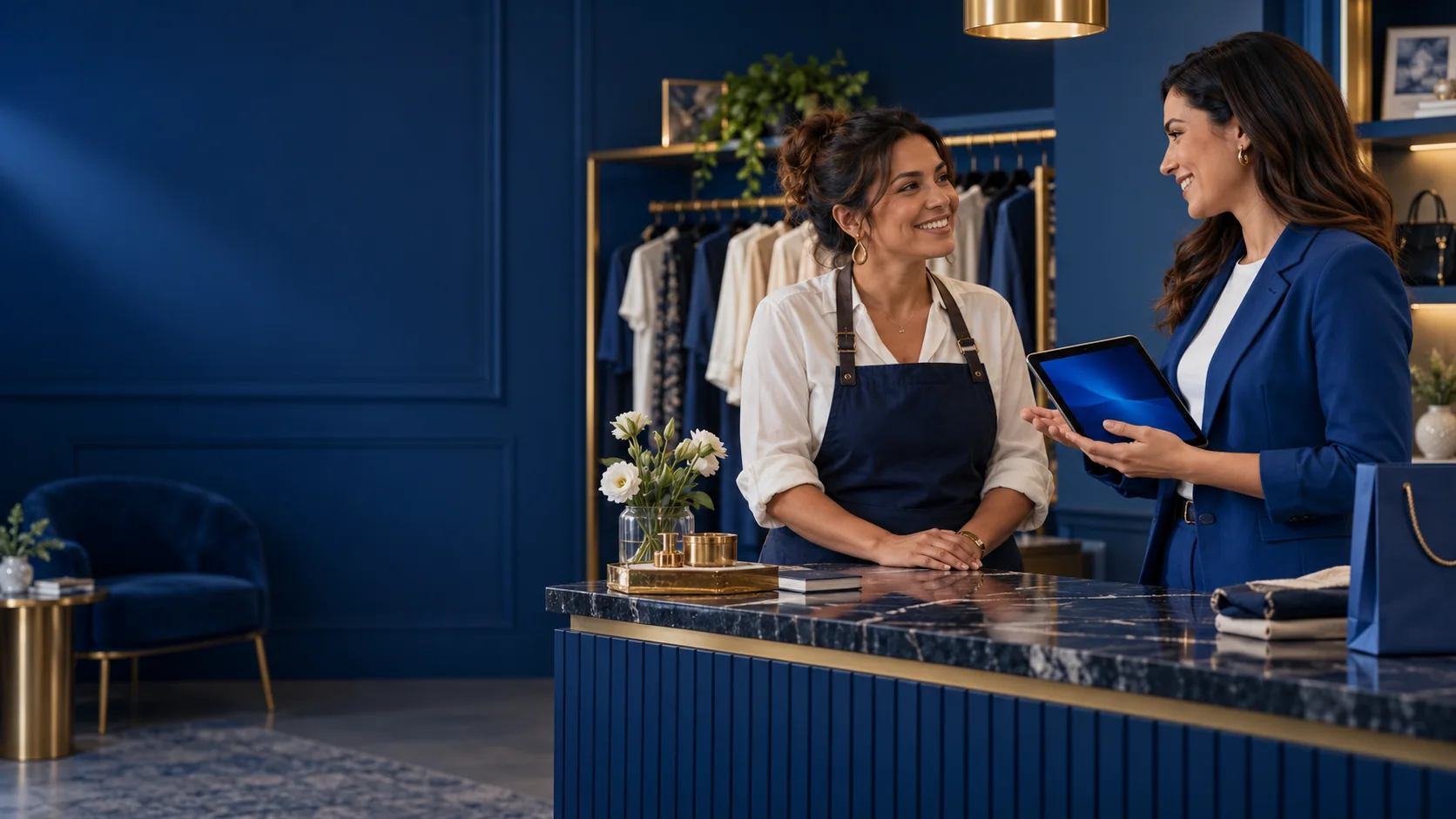 Empreendedora conversa com uma consultora sobre as vendas da boutique.